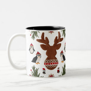 Süße gestrickte Rentiere und Pinguine Nordic Zweifarbige Tasse