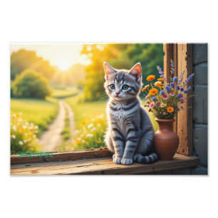 Süße getigerte Katze am Fenster mit Wildblumen Fotodruck