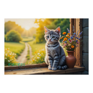 Süße getigerte Katze am Fenster mit Wildblumen Poster