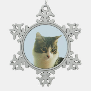 Süße getigerte Katze Gesicht Schneeflocken Zinn-Ornament