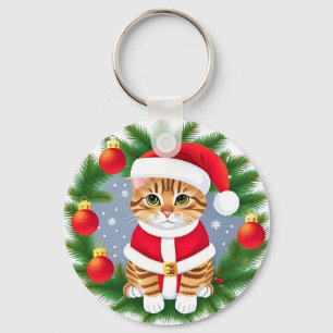 Süße getigerte Katze im Santa-Outfit Schlüsselanhänger