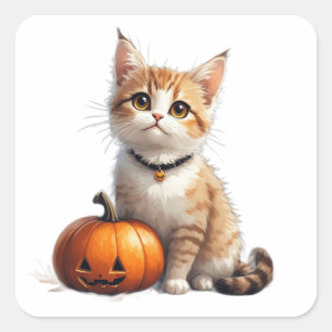Süße getigerte Katze mit Herbst-Kürbis-Thema 🎃 Quadratischer Aufkleber