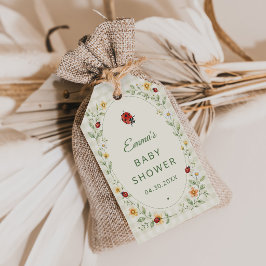 Süße Gingham-Marienkäfer-Wildblumen-Baby-Party Geschenkanhänger