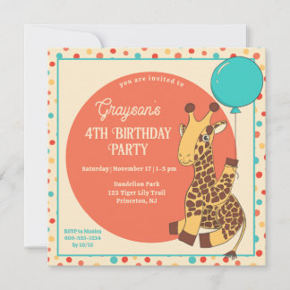 Süße Giraffe mit einem blauen Luftballon Kindergeb Einladung