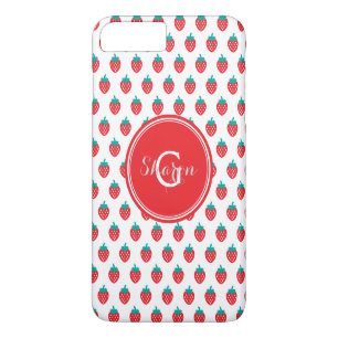 Süße, girly, rote, weiße Erdbeermuster Monogramm iPhone 8 Plus/7 Plus Hülle
