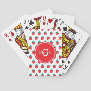 Süße, girly rote weiße Erdbeermuster Monogramm Spielkarten