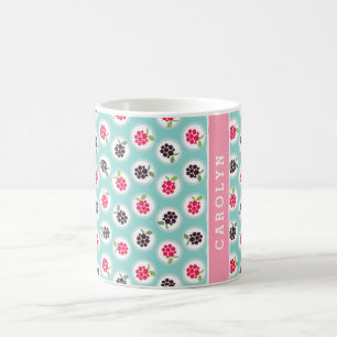 Süße, girly, türkisfarbene Himbeermuster-Monogramm Kaffeetasse
