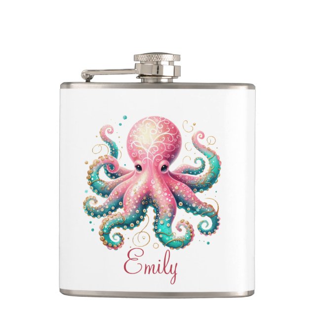 Süße glitzernde Oktopus-Einzelmonogramm Flachmann (Vorderseite)