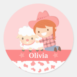 Süße glückliche Cowgirl mit Lamm für Mädchen Runder Aufkleber