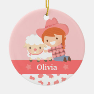 Süße glückliche Cowgirl mit Lamm Mädchen Personali Keramik Ornament