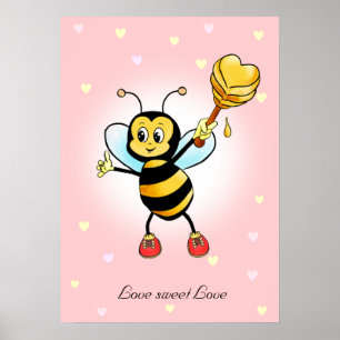 Süße glückliche Hummel und Honigwabe auf Rosa Poster