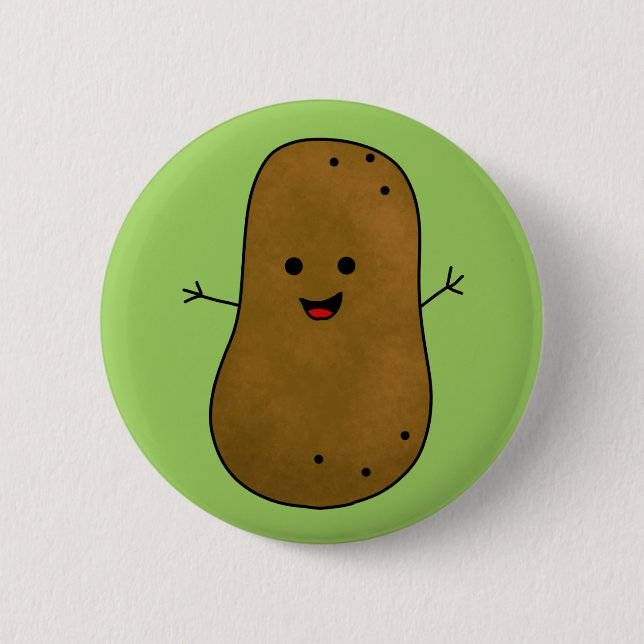 Süße glückliche Kartoffel, grüner Hintergrund. Button (Vorderseite)