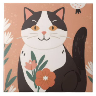 Süße glückliche Katze mit Frühlingsblumen  Fliese