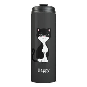 Süße glückliche Tuxedo-Katze auf fast schwarzem Hi Thermosbecher
