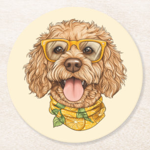 Süße Goldendoodle-Hundesonnenbrille Orangen Runder Pappuntersetzer