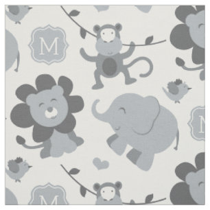 Süße graue Dschungeltiere Baby Monogramm Stoff