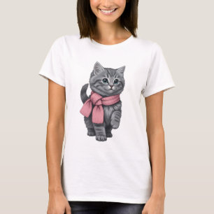 Süße graue getigerte Katze mit rosa Schal T-Shirt