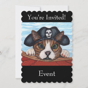 Süße grünäugige Katze in schwarzer Piratenmütze ro Einladung
