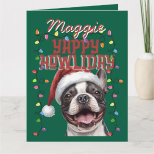 Süße grüne französische Bulldogge Weihnachtslichte Karte