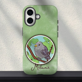 Süße grüne graue Vogelmalerei mit individuellem Na iPhone 16 Hülle