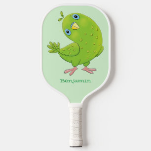 Süße grüne neugierige Sittich-Cartoon-Illustration Pickleball Schläger