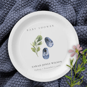 Süße grüne Tinte blaue Jungschuhe Laub Baby Shower Pappteller