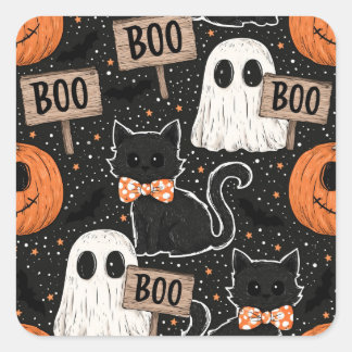 Süße gruselige Halloween-Party-Katzen und Geister Quadratischer Aufkleber