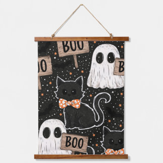 Süße gruselige Halloween-Party-Katzen und -Geister Wandteppich Mit Holzrahmen