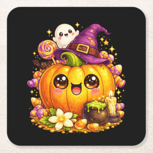Süße gruselige Kürbis-Halloween-Kawaii-Getränkeunt Rechteckiger Pappuntersetzer