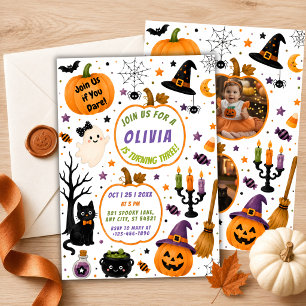 Süße Halloween-Doppel-Foto-Kürbis-Geburtstagsfeier Einladung