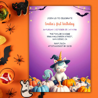 Süße Halloween-Einhorn-Kürbisse Mädchen 1. Geburts Einladung