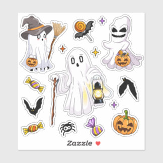 Süße Halloween-Geister mit Hexenhut-Laternen und F Aufkleber