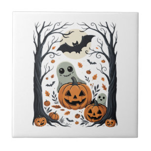 Süße Halloween-Geister und Jack O Lantern Wald Fliese
