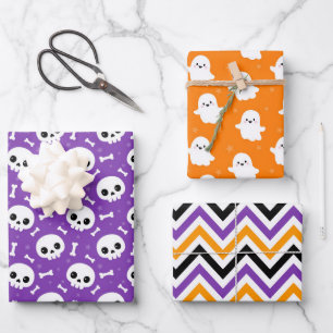 Süße Halloween-Geister- und Totenkopf-Muster Geschenkpapier Set