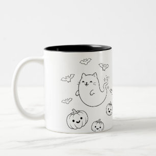 Süße Halloween-Geisterkatze Kürbisse Fledermäuse L Zweifarbige Tasse