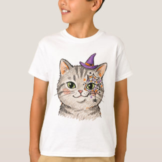 Süße Halloween-Graue Tabby-Katze Spinnennetz-Gesic T-Shirt