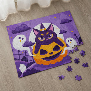 Süße Halloween-Hexenkatze und Kürbis mit Geistern