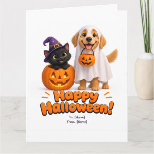 Süße Halloween-Karte Hund & Katze Kürbis Geist Karte