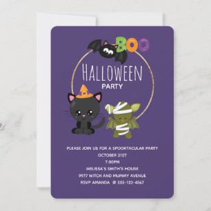 Süße Halloween-Katze, Fledermaus & Mumien-Buh Einladung