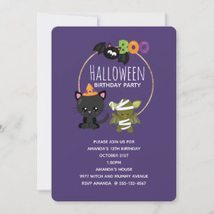 Süße Halloween-Katze, Fledermaus- und Mumien-Boo-G Einladung