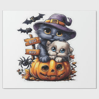 Süße Halloween-Katzen-Aufkleber � Hexenhut, Kürbis Geschenkpapier