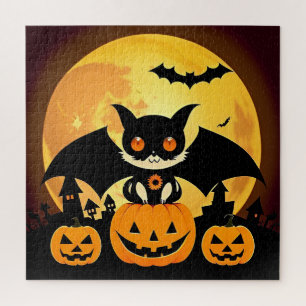 Süße Halloween-Katzenfigur mit Kürbissen