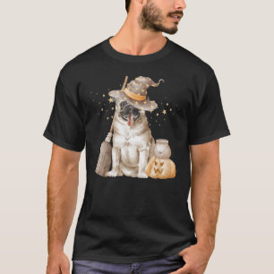 Süße Halloween-Mops-Hexenbesen-Hundemutter-Frauen T-Shirt