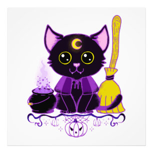 Süße Halloween-Schwarze-Katze-Hexe Fotodruck
