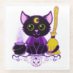 Süße Halloween-Schwarze-Katze-Hexe Glasuntersetzer