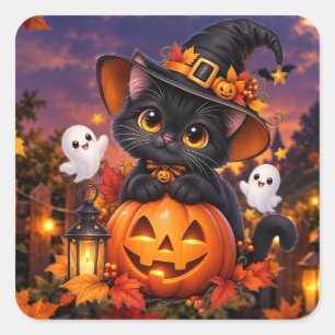Süße Halloween-Schwarze-Katze-Kürbis-Hexe-Quadrat- Quadratischer Aufkleber