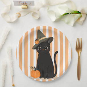 Süße Halloween-Schwarze Katze mit Hexenhut-Kürbis Pappteller