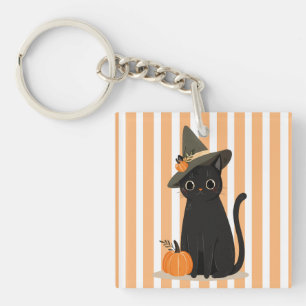 Süße Halloween-Schwarze Katze mit Hexenhut-Kürbis Schlüsselanhänger