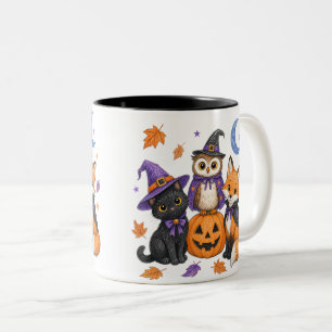 Süße Halloween-Tiere - Hexe schwarze Katze Eule Fu Zweifarbige Tasse