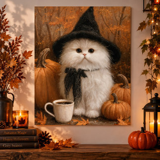 Süße Halloween Weiße Katze Hexe mit Kaffeetasse Poster